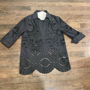 Sz XS Zara ZW Collection oversized embroidered black poplin shirt tunic